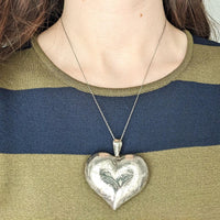 Sterling Silver 925 Large Etched Puffy Heart Pendant Necklace