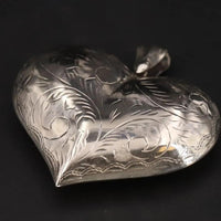 Sterling Silver 925 Large Etched Puffy Heart Pendant Necklace