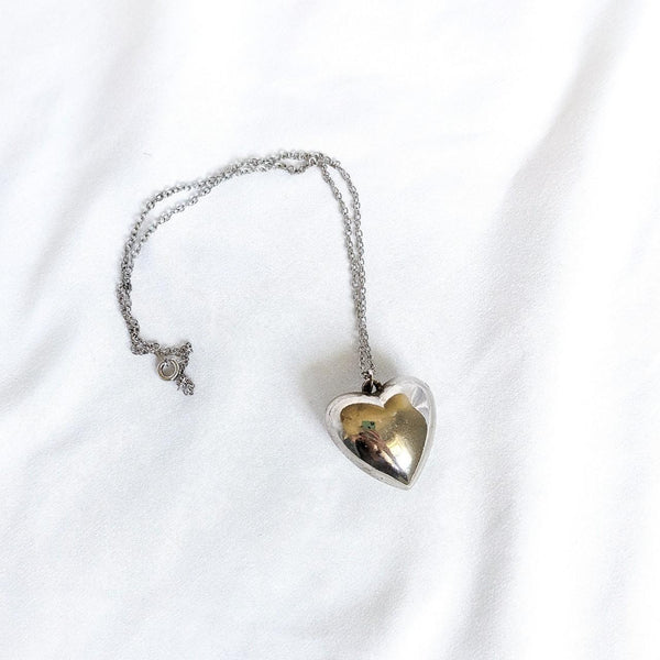 Silver Tone Vintage Puffy Heart Necklace