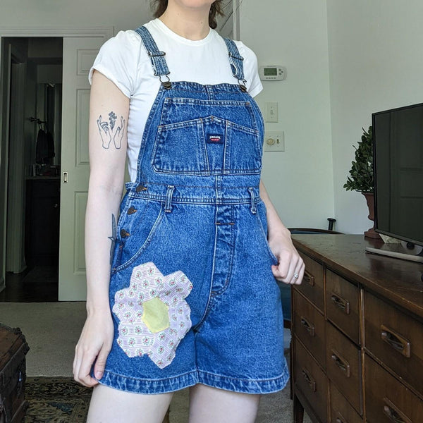 Jordache Flower Quilt Patch Vintage Denim Overalls Shorts