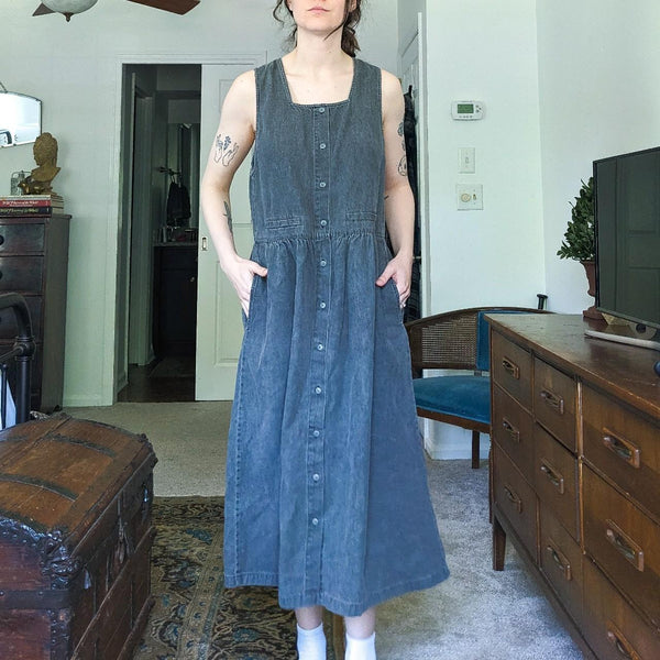 Grey Vintage Eddie Bauer Y2K Cotton Denim Drop Waist Button Down Dress