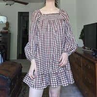 Influence Boutique Brand Brown Gingham Puff Sleeve Smocked Square Neck Dress