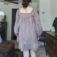 Influence Boutique Brand Brown Gingham Puff Sleeve Smocked Square Neck Dress