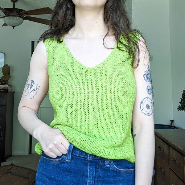 Finity Studio Vintage Lime Green Knit Sweater Crochet Style Tank Top