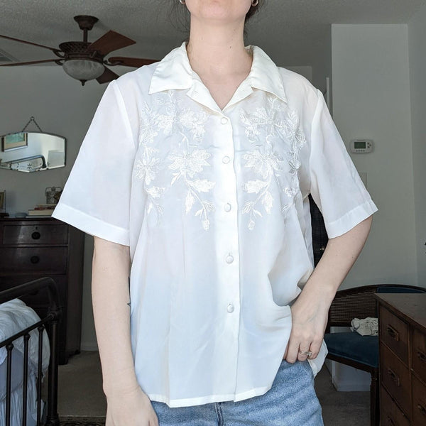 Kathy Che Vintage Sheer Button Down Collar Embroidered Blouse