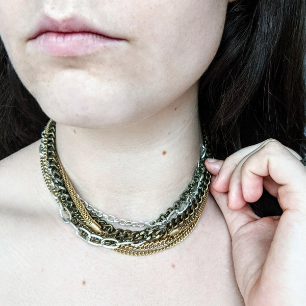 Vintage Multi Chain Mixed Metal Choker Necklace