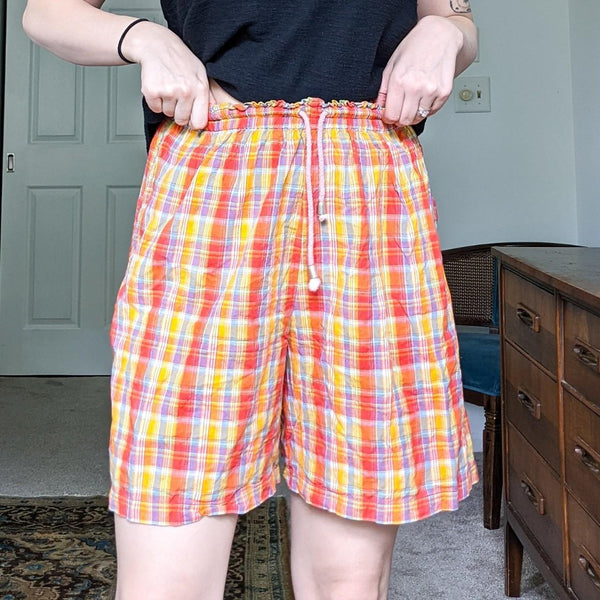 Orange Vintage Plaid Drawstring Play Shorts